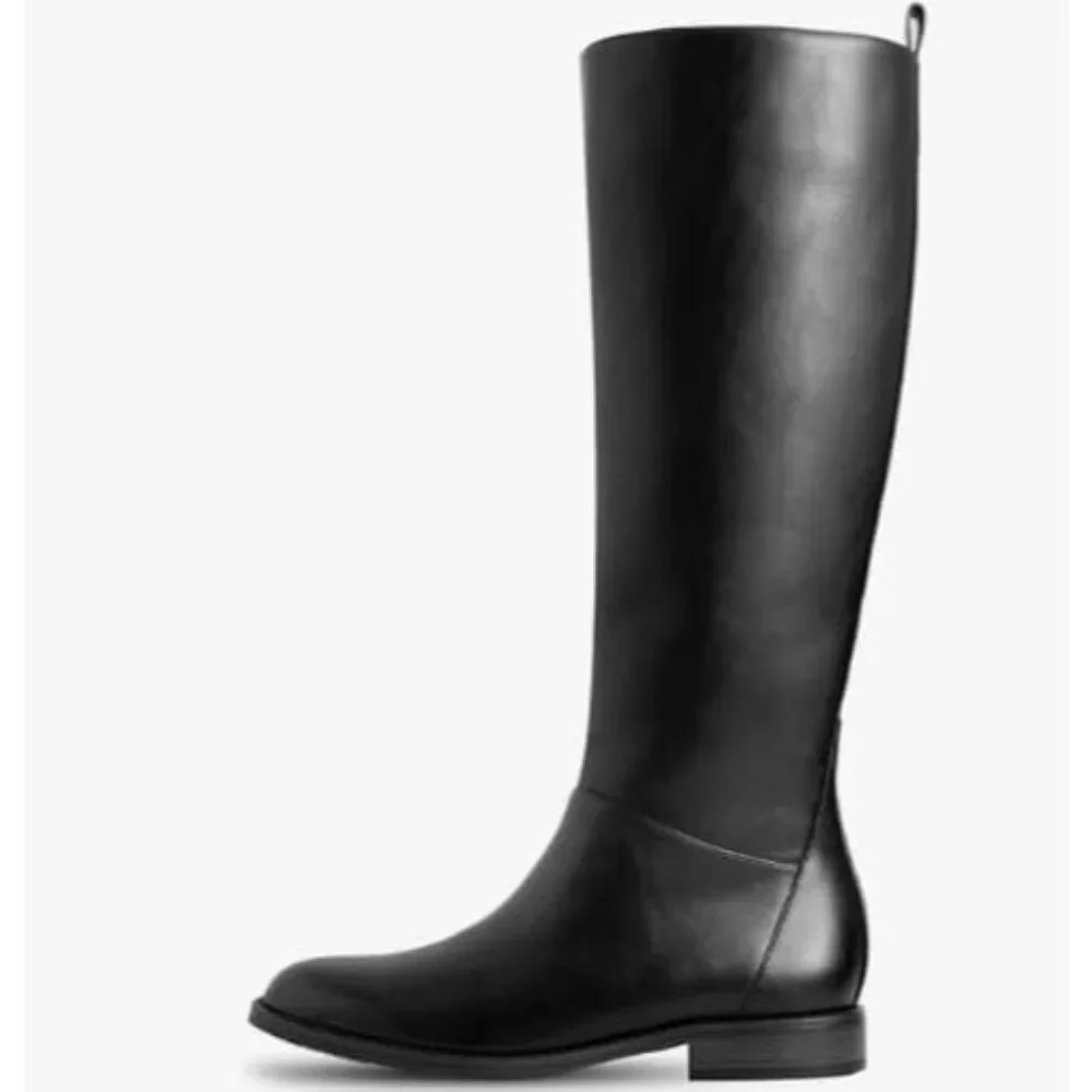Women's Black Flat Round Toe Low Heel Comfortable Side Zipper Knee High Boots